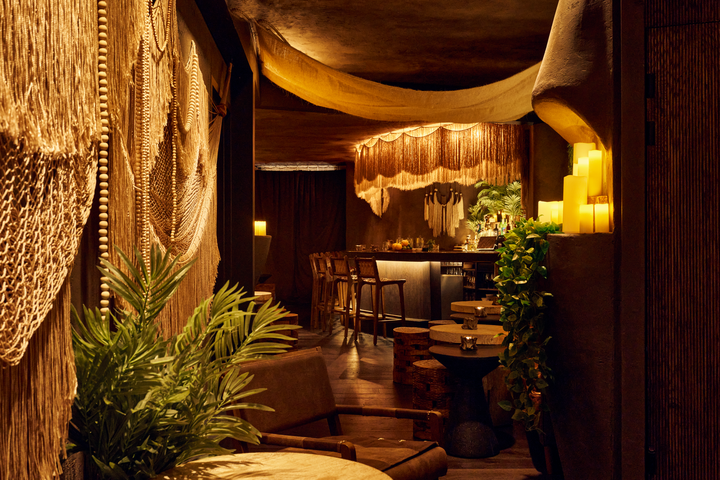 Warm lounge entrance with layered textures