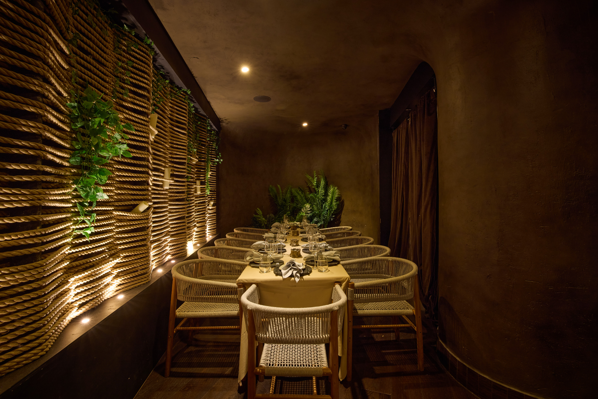 Private dining corridor with rope wall